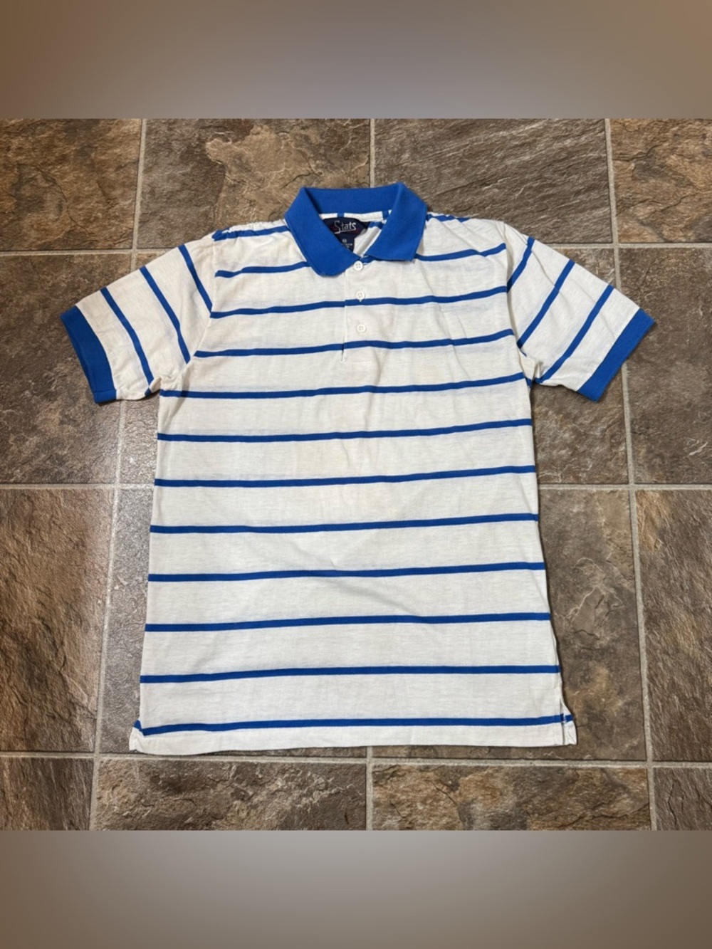 Vintage Stats 80’s Blue White Striped Polo Shirt Medium 70’s 80’s